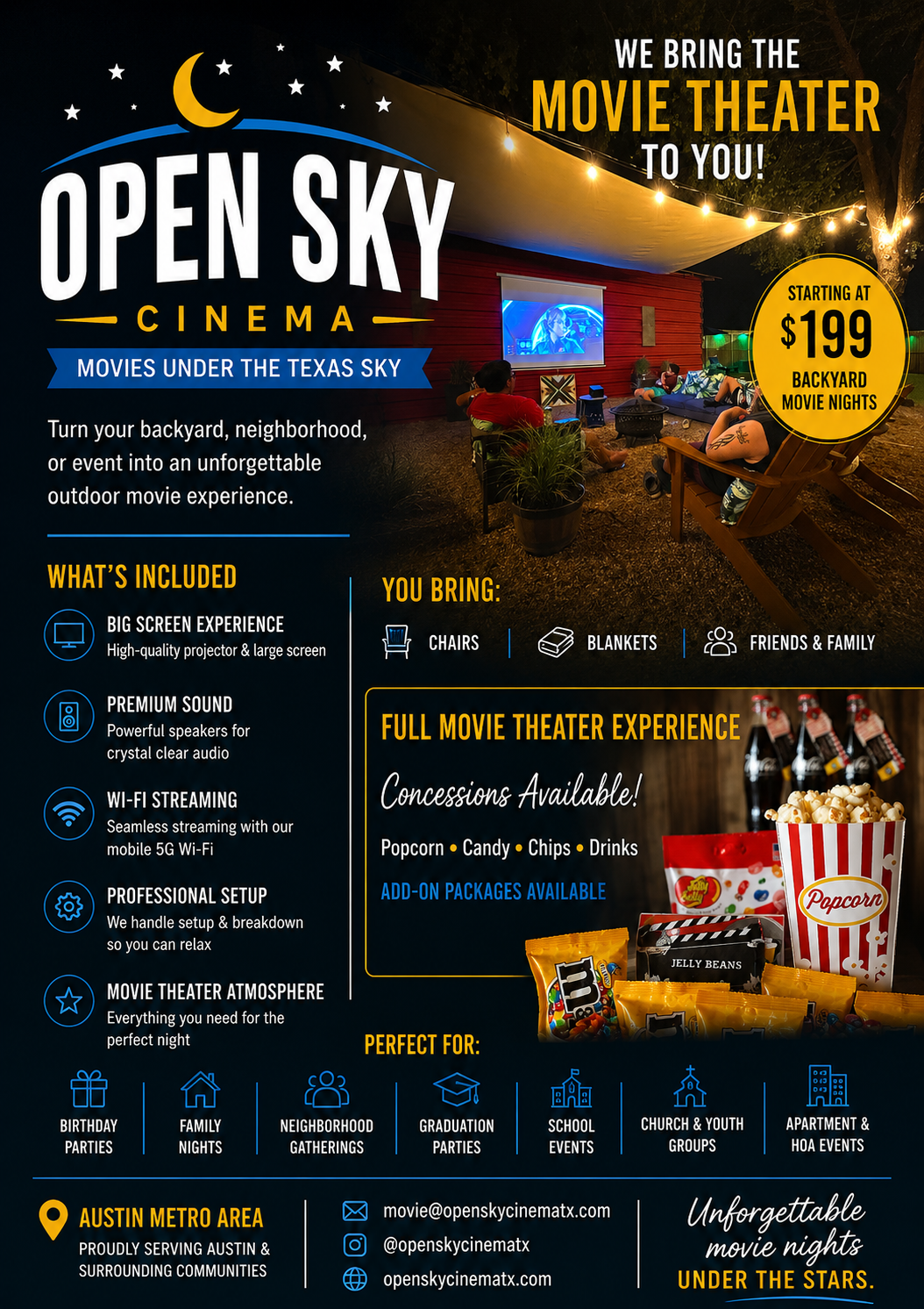 Open Sky Cinema backyard movie night flyer